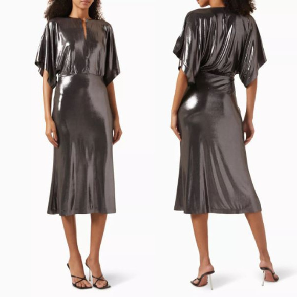Norma Kamali Obie Split-Neck Lamé Midcalf Dress Metallic Bronze Womens Sze Small - Picture 1 of 5